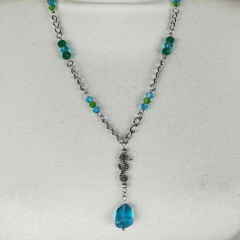 Aquatic sea ocean theme necklace blue & green glass part of a set